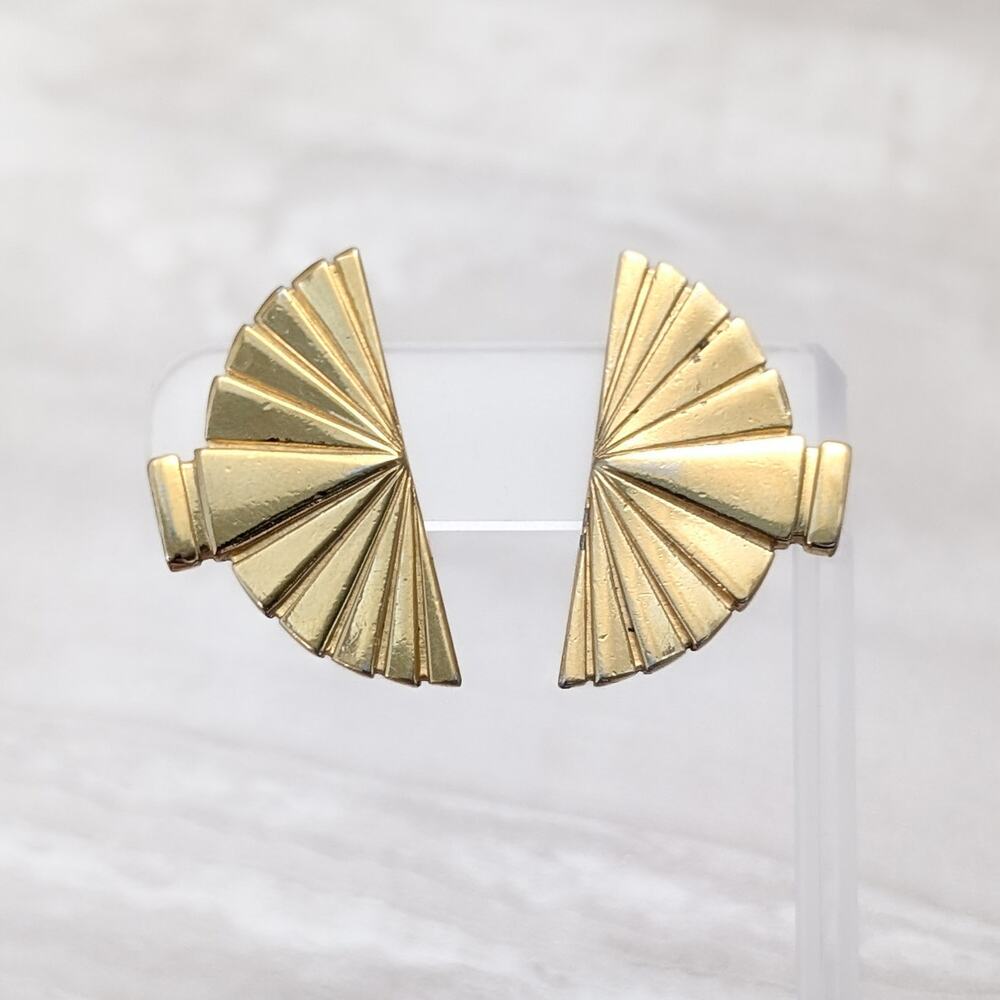 Vintage Clip On Earrings Gold Tone Fan Shape Very Large 1.5" - Fair Condition